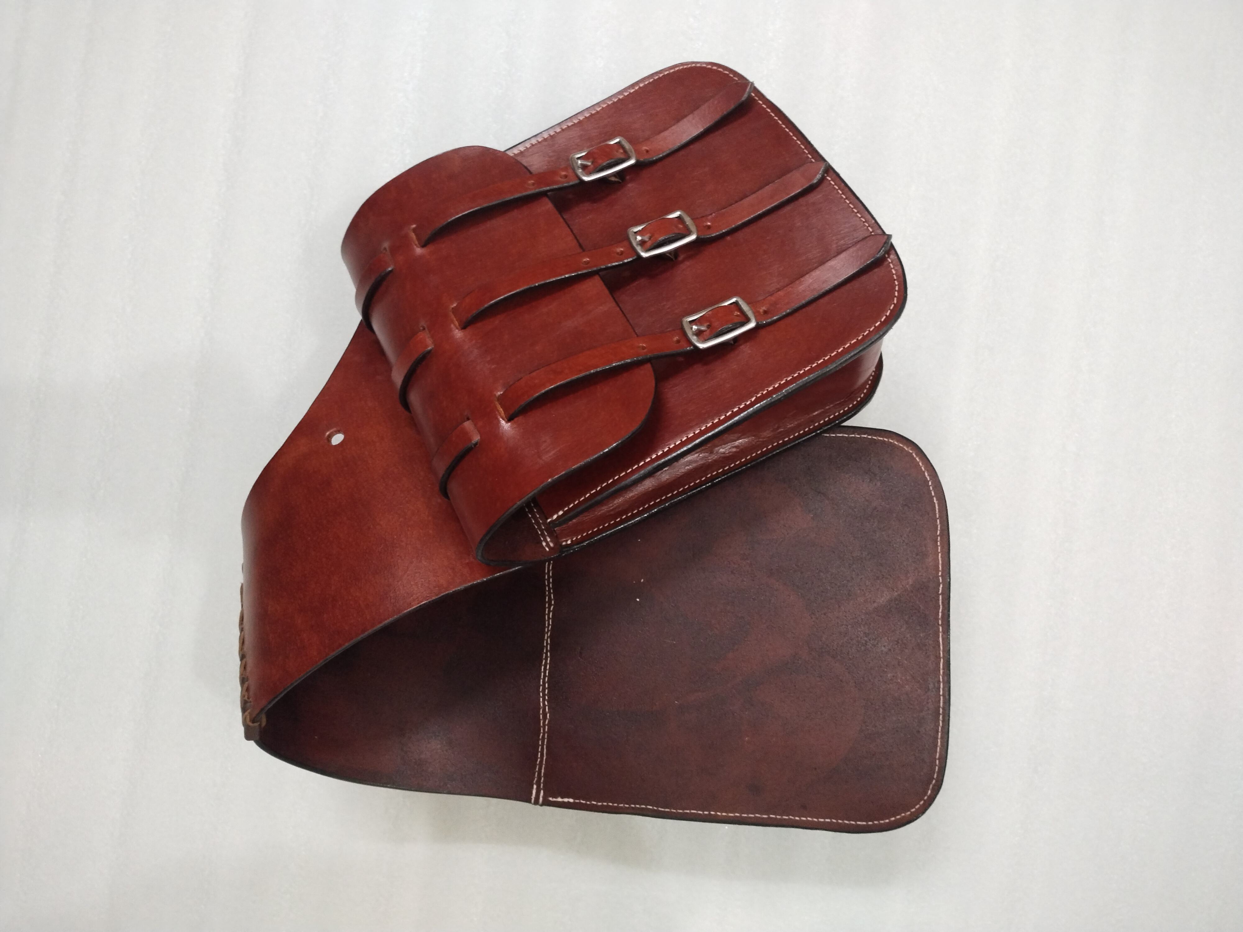 Reddish Brown Dual Side Saddle Bag with Triple Metal Buckle Straps for Outdoor & Equestrian