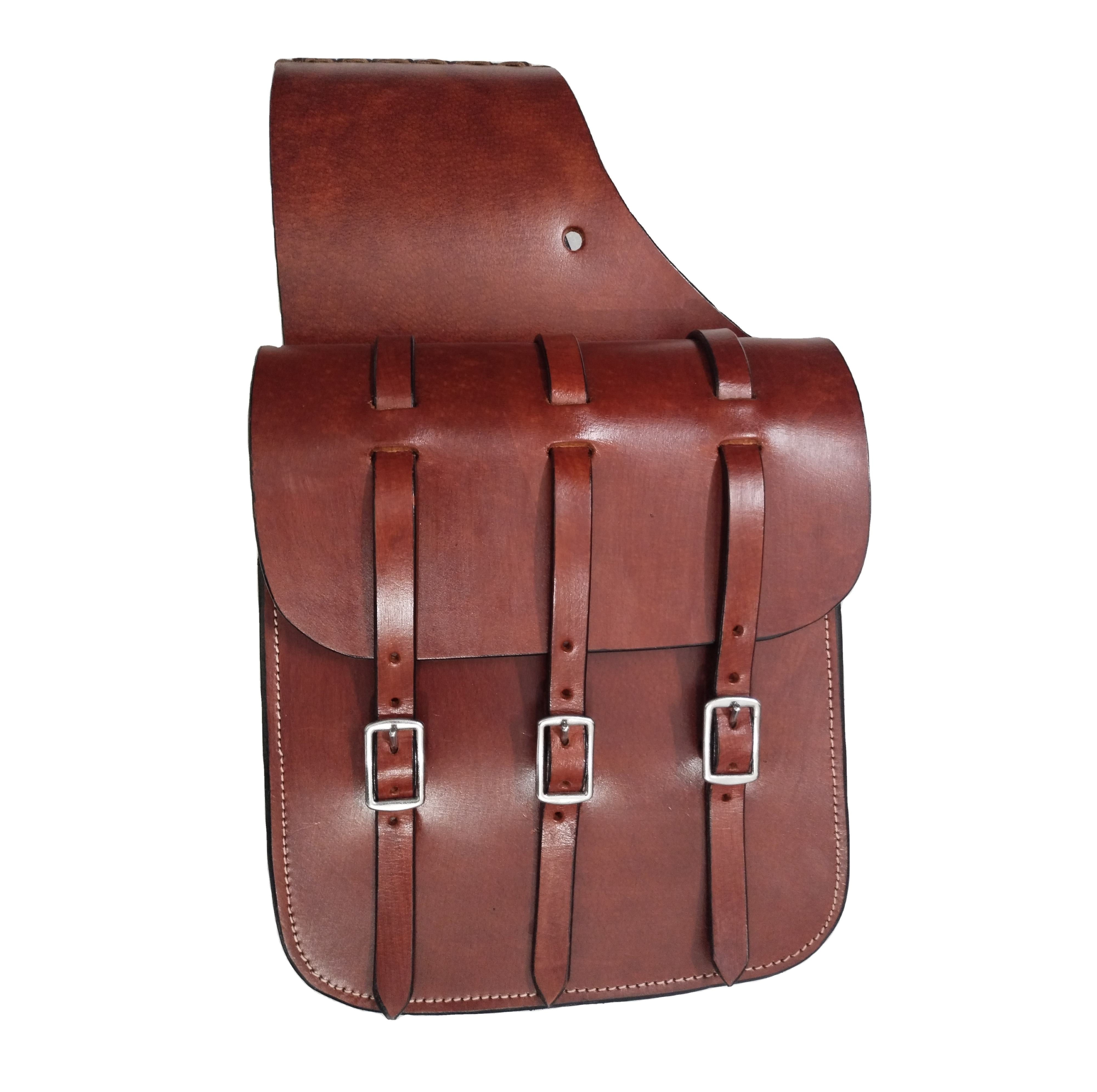 Reddish Brown Dual Side Saddle Bag with Triple Metal Buckle Straps for Outdoor & Equestrian