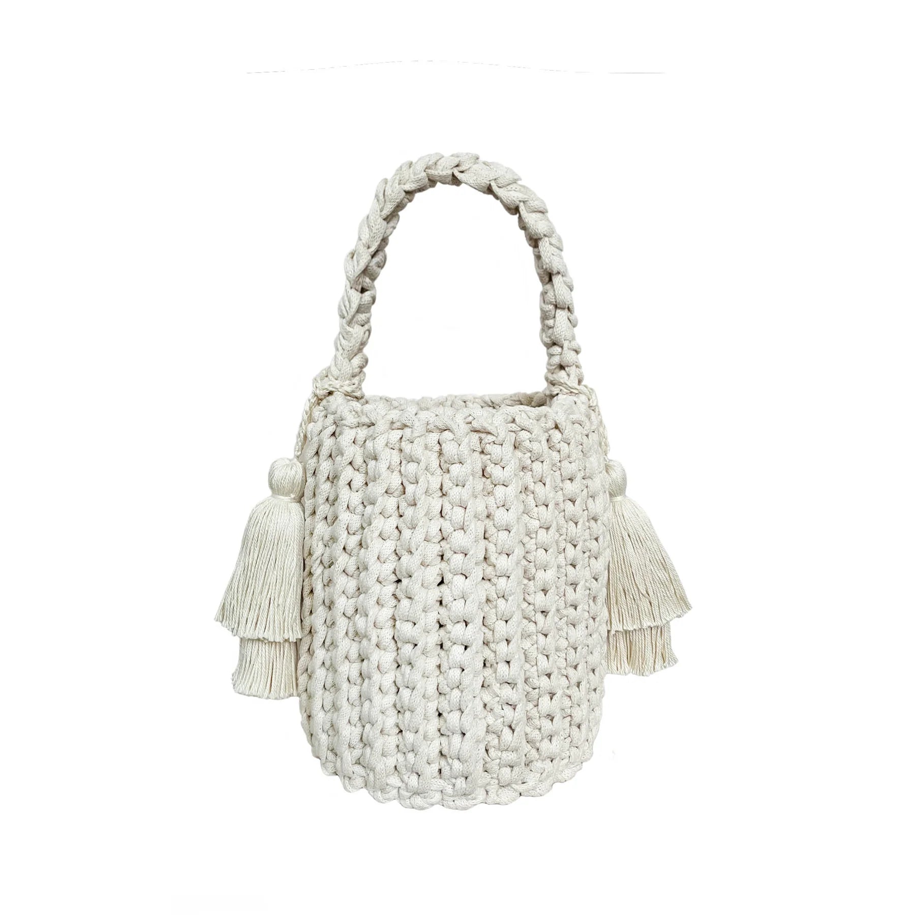 Knit Bucket Bag with Dual Detachable Fabric Tassels for Resort Casual Daily Matching