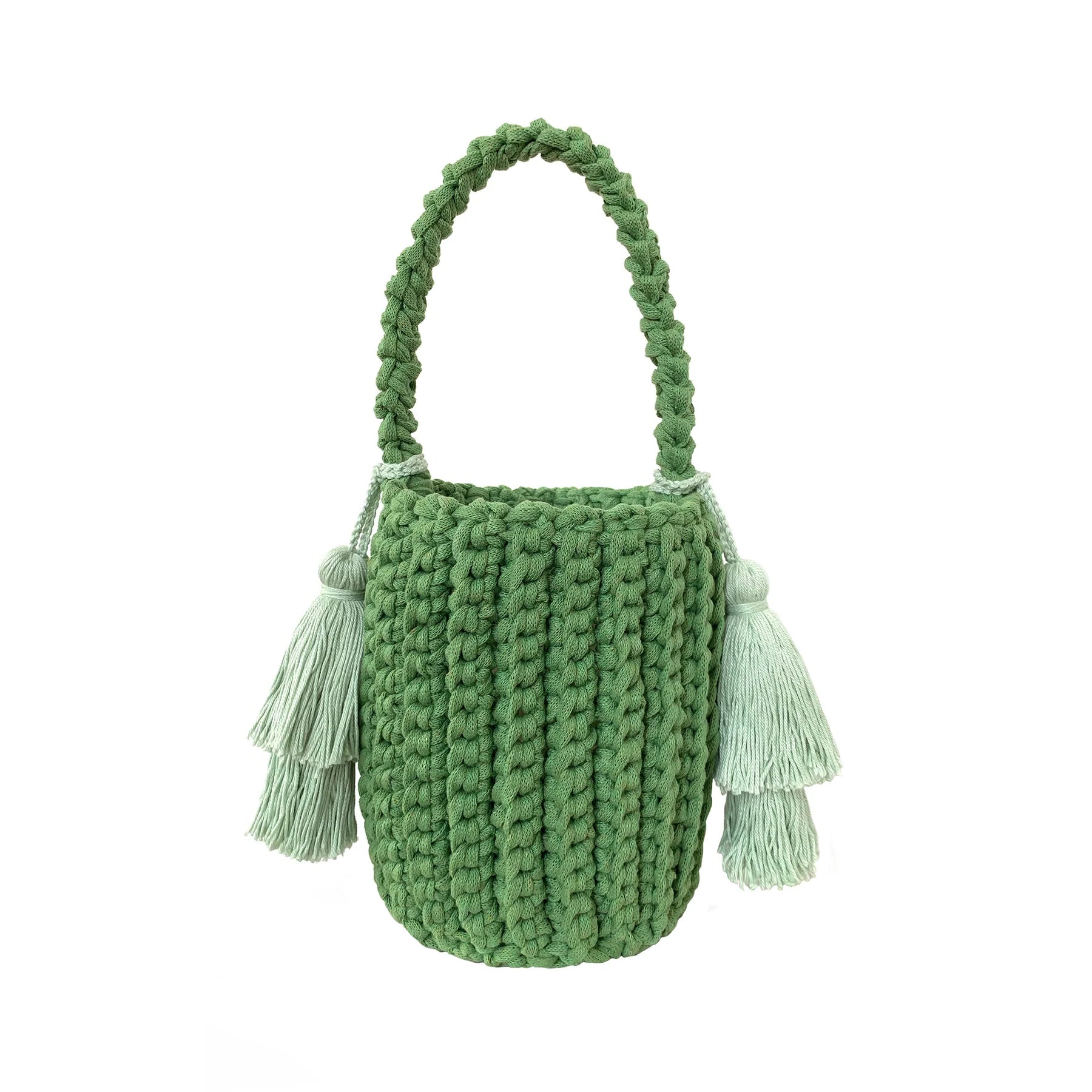 Knit Bucket Bag with Dual Detachable Fabric Tassels for Resort Casual Daily Matching