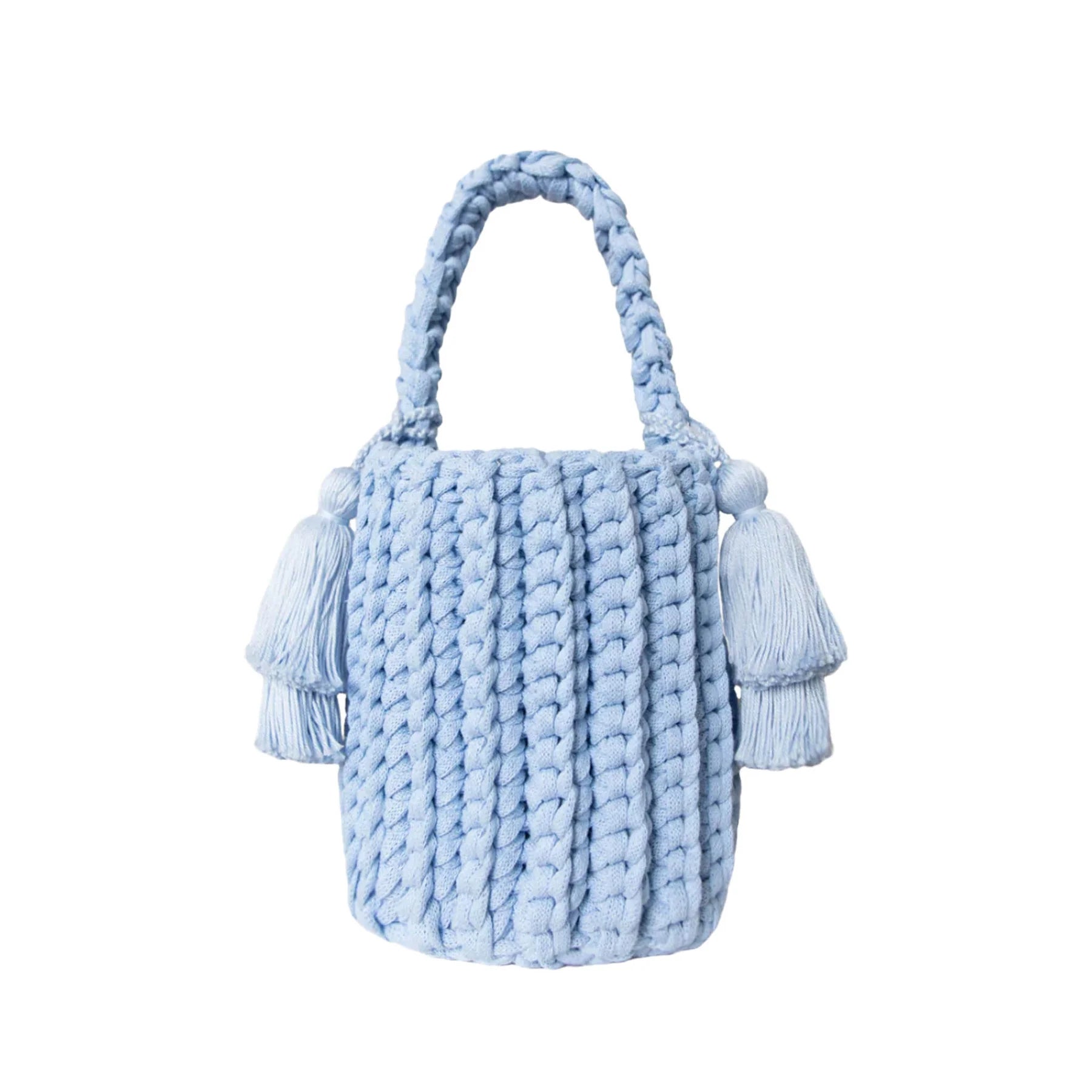 Knit Bucket Bag with Dual Detachable Fabric Tassels for Resort Casual Daily Matching