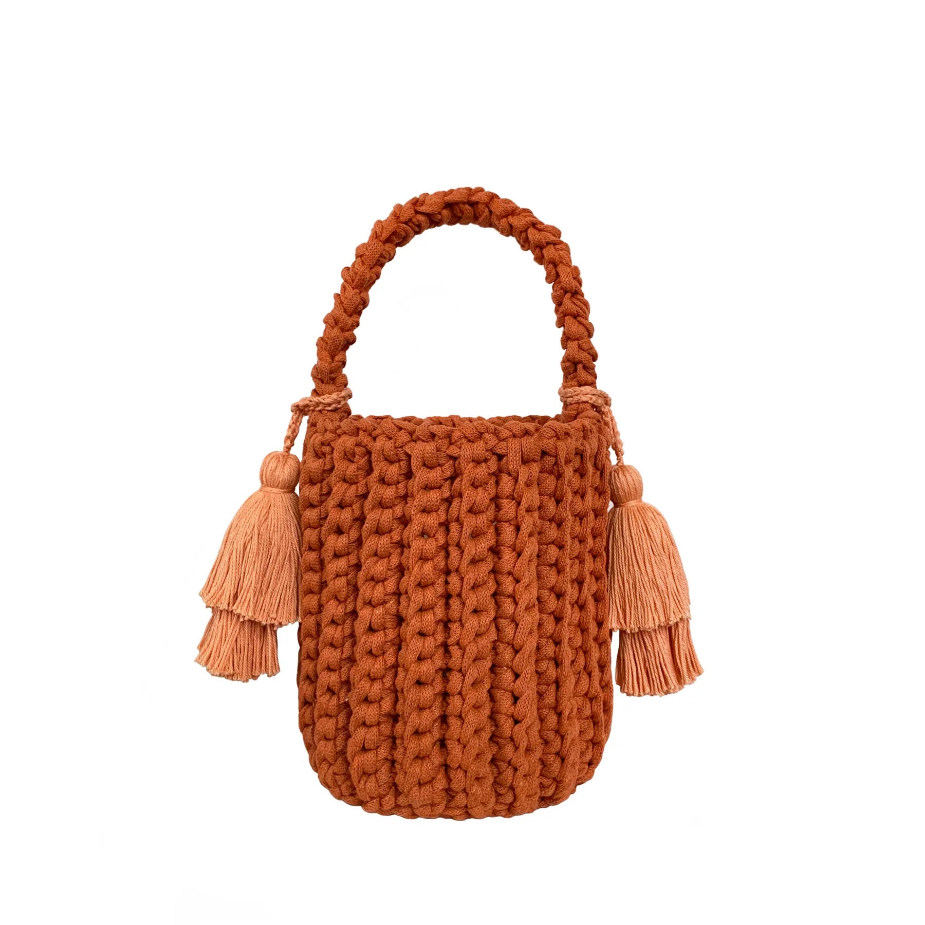 Knit Bucket Bag with Dual Detachable Fabric Tassels for Resort Casual Daily Matching