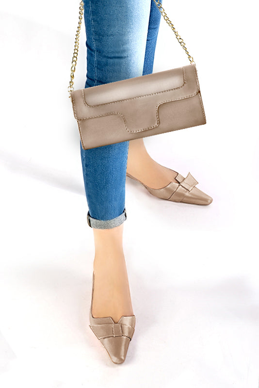 Champagne Beige Rectangular Flap Shoulder Bag with Gold Chain & Leather Composite Strap