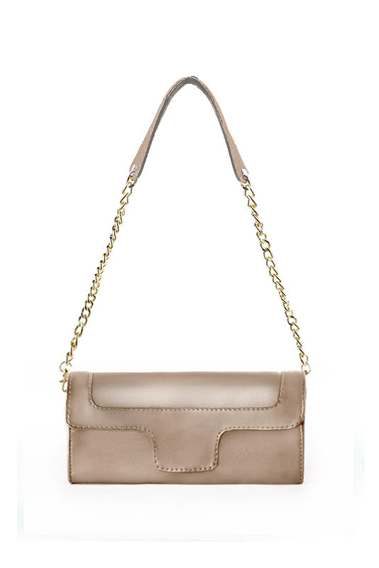 Champagne Beige Rectangular Flap Shoulder Bag with Gold Chain & Leather Composite Strap