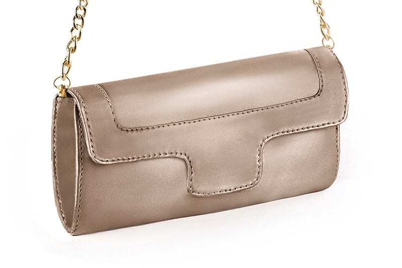 Champagne Beige Rectangular Flap Shoulder Bag with Gold Chain & Leather Composite Strap