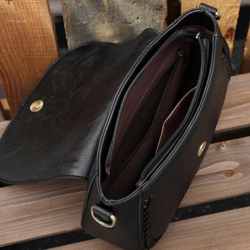 Black Faux Leather Saddle Crossbody Bag with Leopard Print Strap for Daily Matching