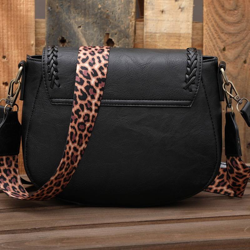 Black Faux Leather Saddle Crossbody Bag with Leopard Print Strap for Daily Matching