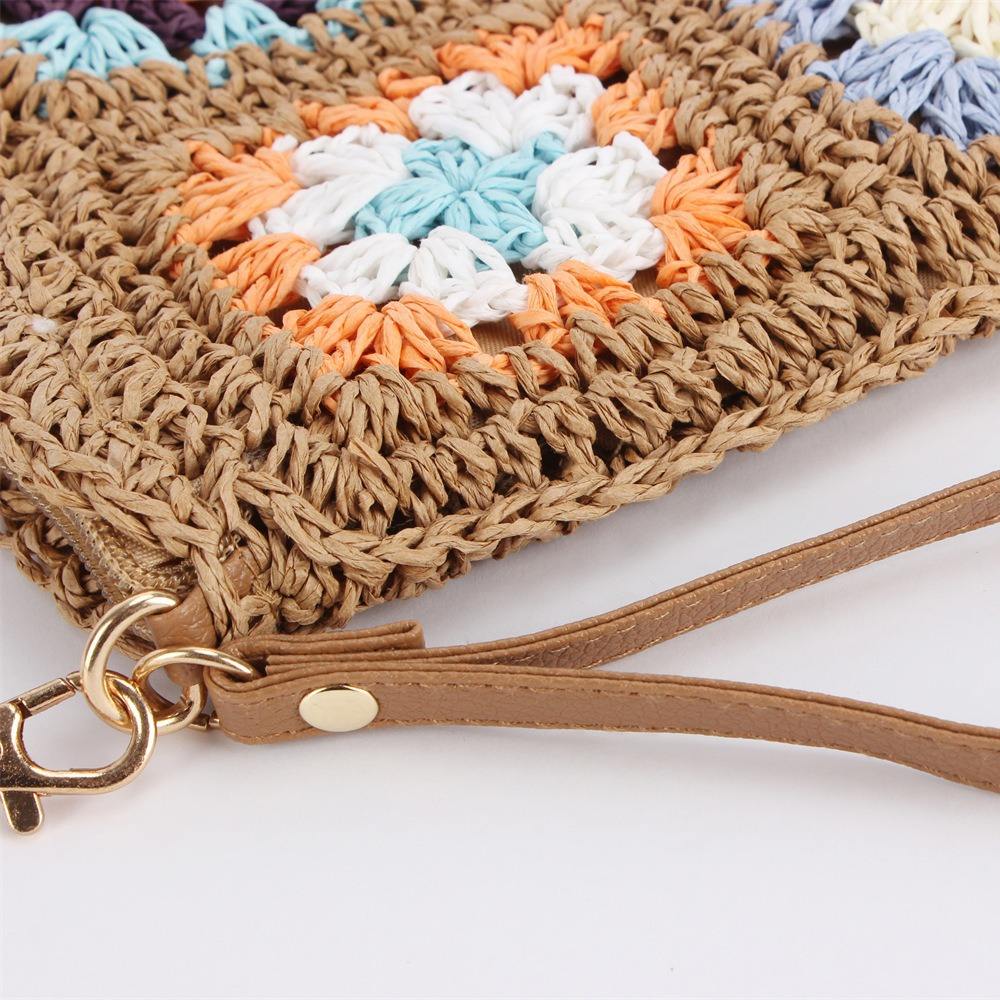 Vintage Brown Floral Crochet Square Crossbody Bag with Adjustable Leather Shoulder Strap for Beach Casual Daily Matching