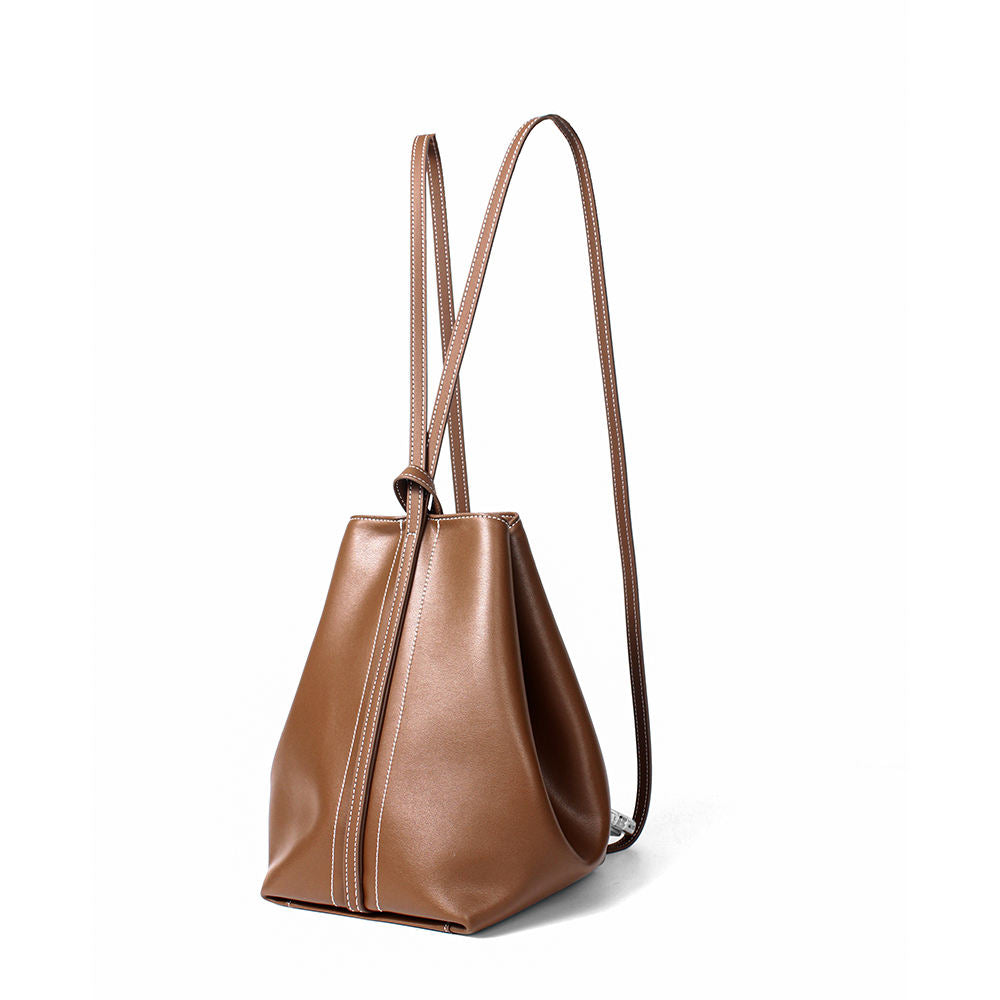 Cocoa Brown Leather Hobo Bucket Bag with Knotted Strap Accent & Silver Metal Rings