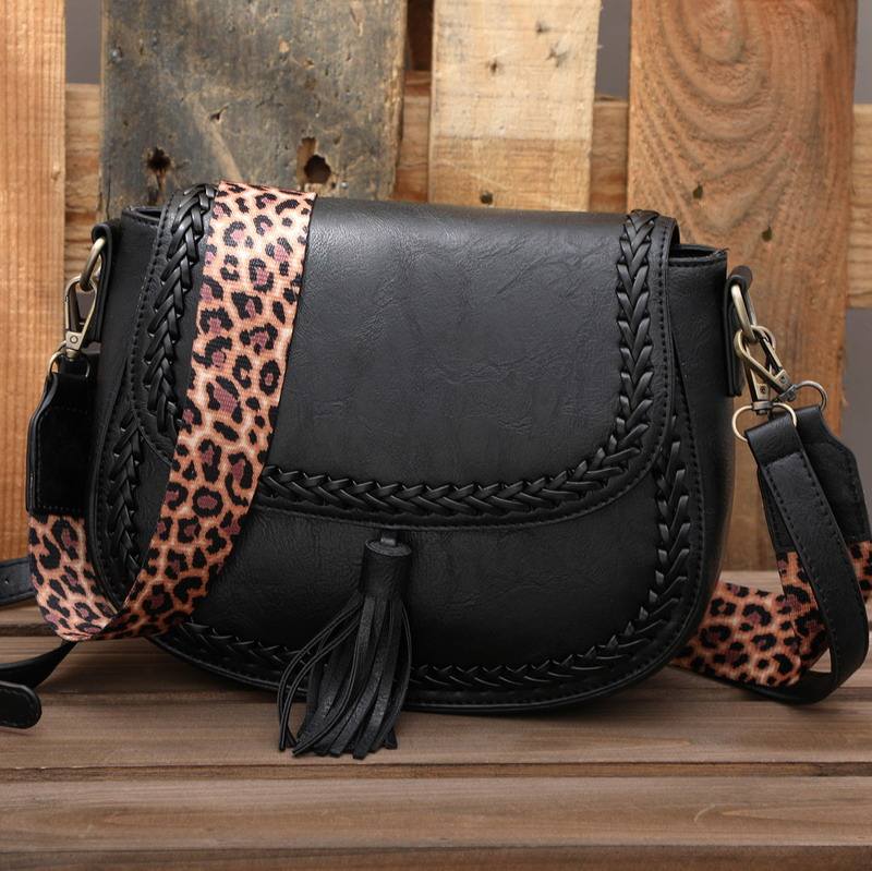 Black Faux Leather Saddle Crossbody Bag with Leopard Print Strap for Daily Matching