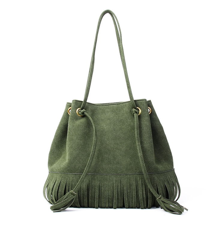 Drawstring Bucket Bag with Fringe Trim & Metal Eyelet Fittings for Bohemian Daily Outfits