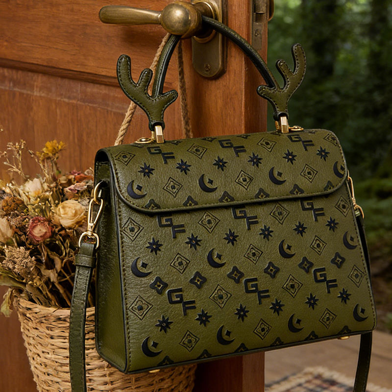 Embossed Print Square Flap Bag with Deer Antler Decor Handle & Adjustable Leather Crossbody Strap