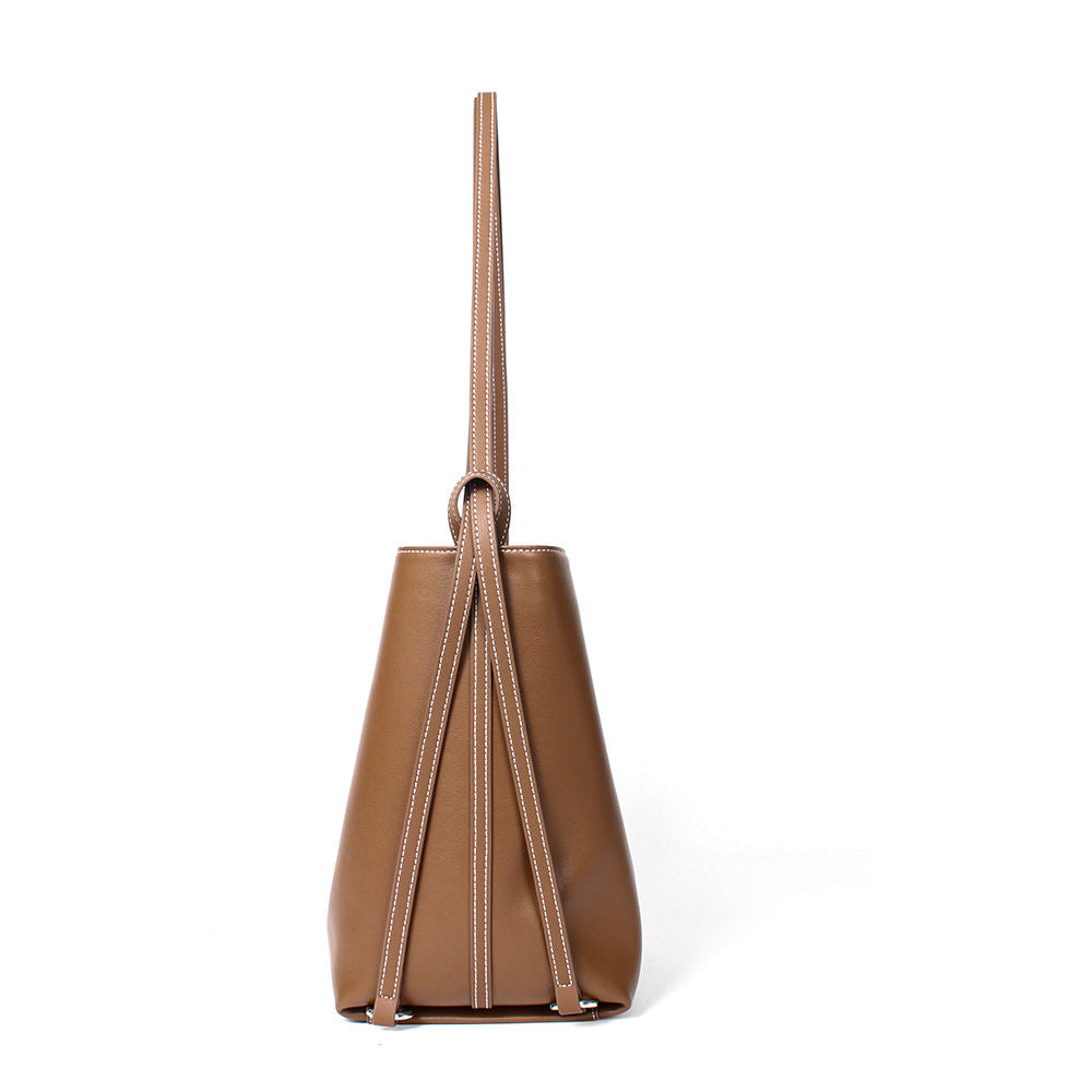Cocoa Brown Leather Hobo Bucket Bag with Knotted Strap Accent & Silver Metal Rings