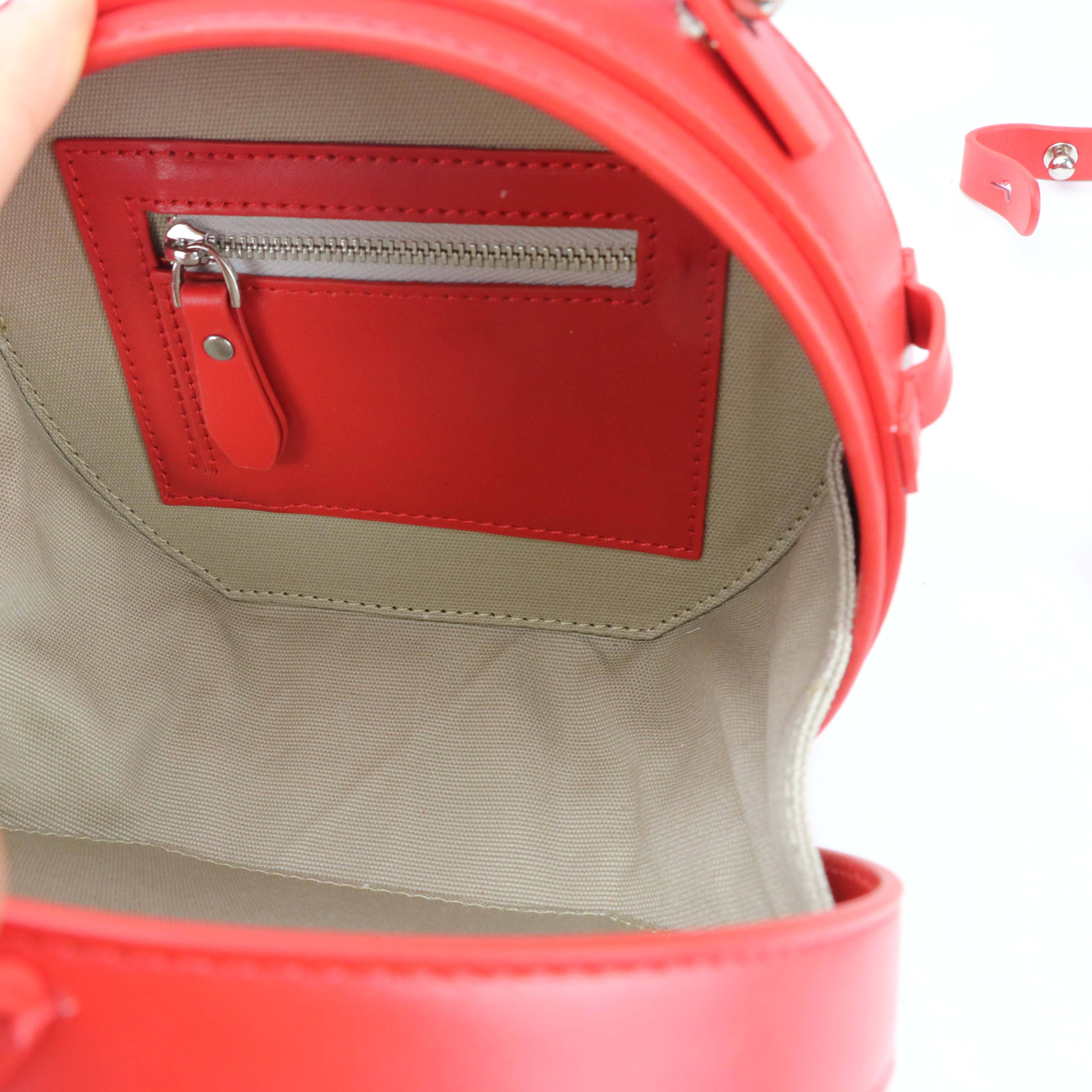 Bright Red Mini Round Leather Hand Bag with Curved Top Handle & Magnetic Snap Closure for Sweet Daily Matching