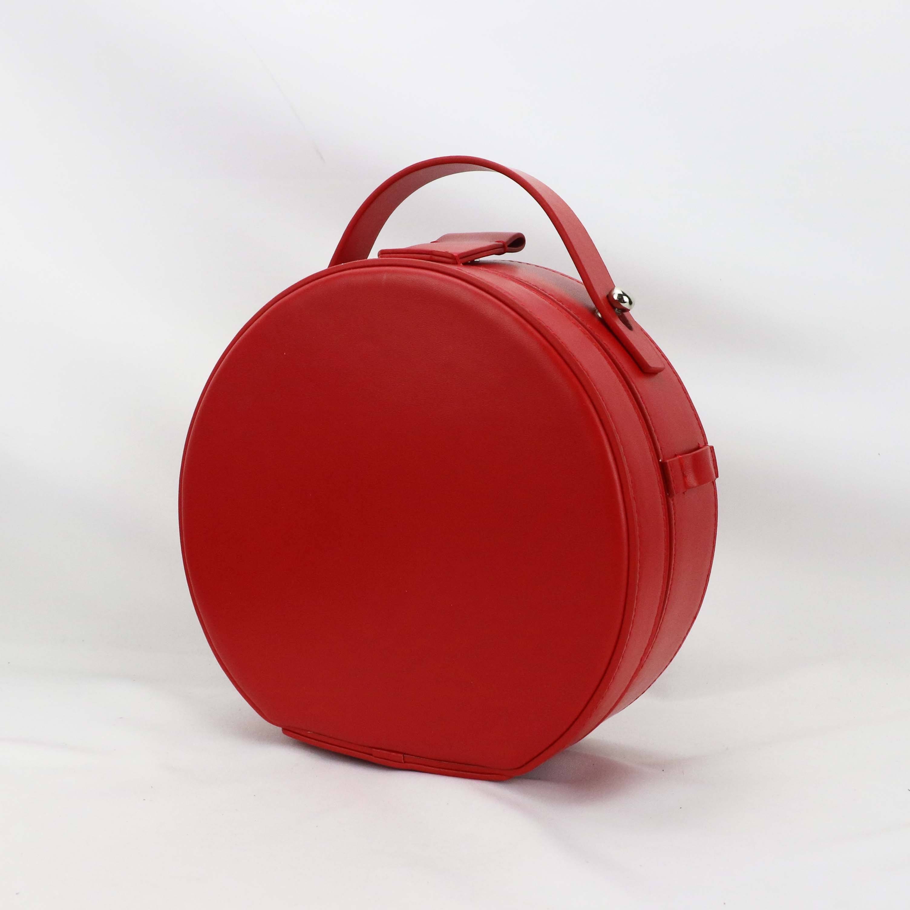 Bright Red Mini Round Leather Hand Bag with Curved Top Handle & Magnetic Snap Closure for Sweet Daily Matching