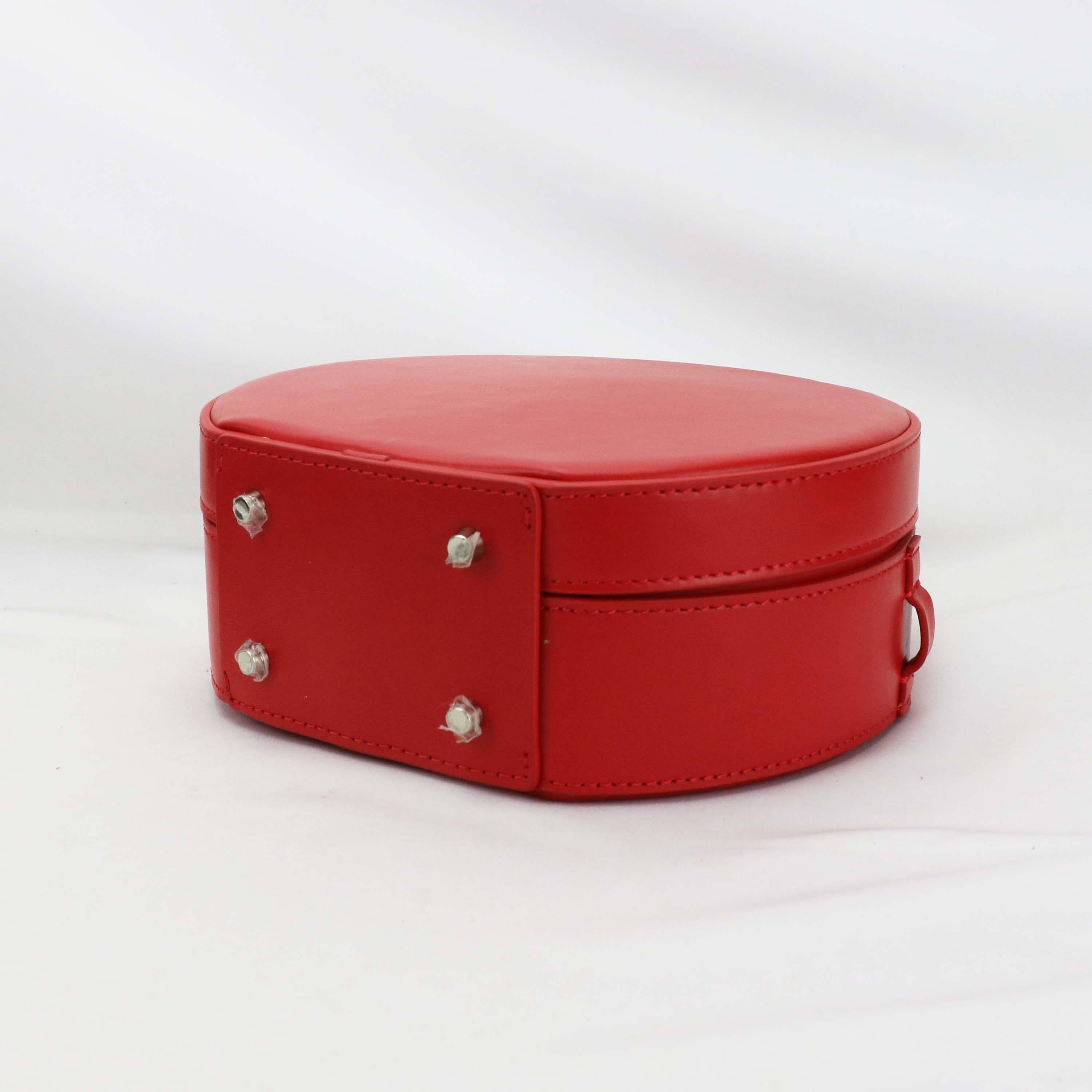 Bright Red Mini Round Leather Hand Bag with Curved Top Handle & Magnetic Snap Closure for Sweet Daily Matching