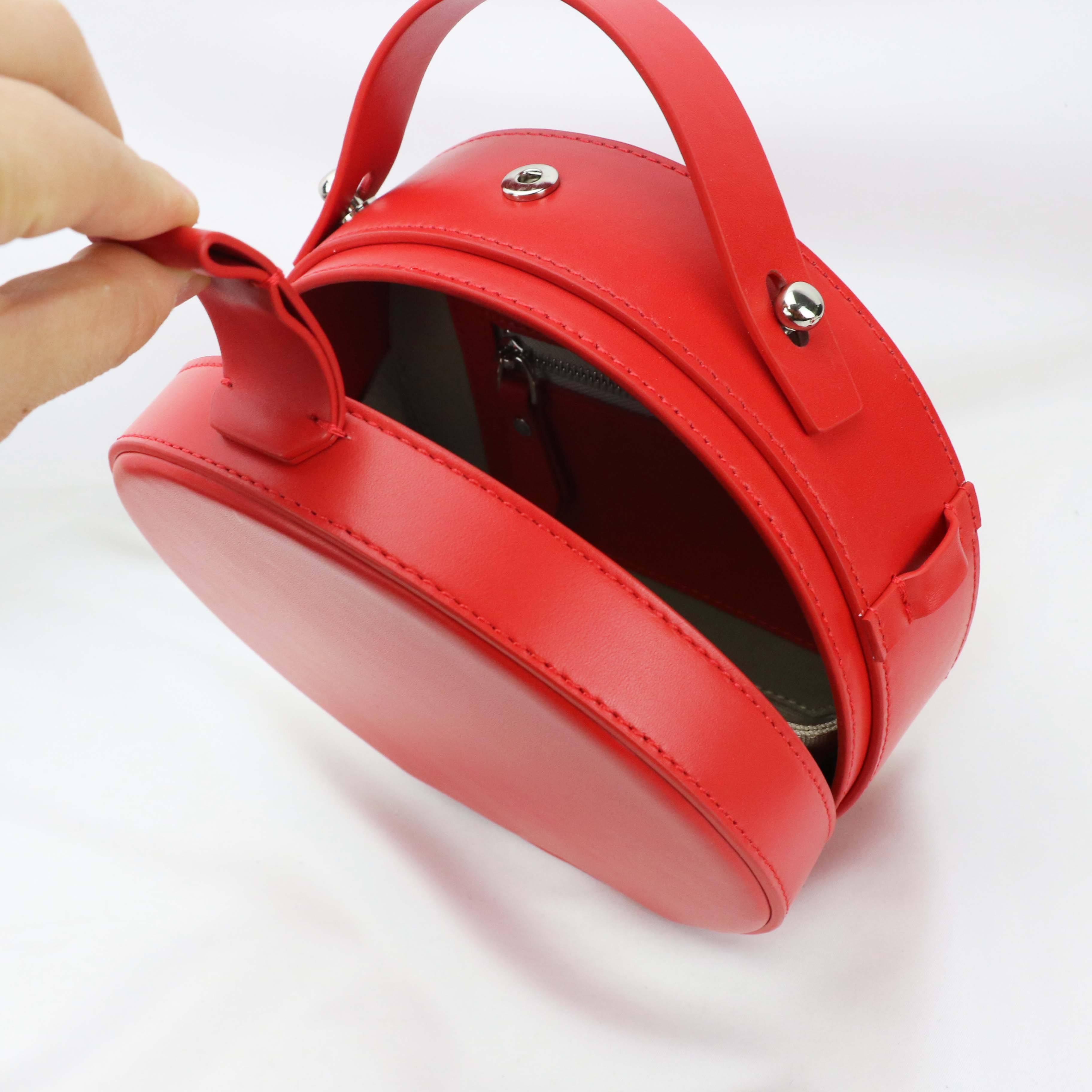 Bright Red Mini Round Leather Hand Bag with Curved Top Handle & Magnetic Snap Closure for Sweet Daily Matching