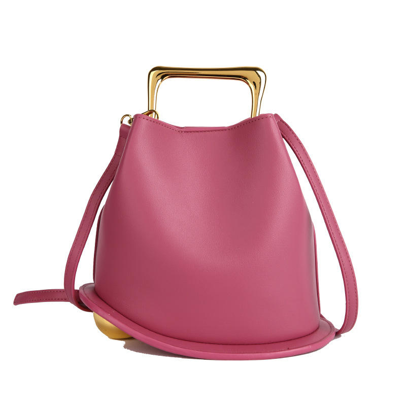 Bucket Hand Bag with Glossy Metal Top Handle & Adjustable Leather Crossbody Strap for All-Season Daily Matching