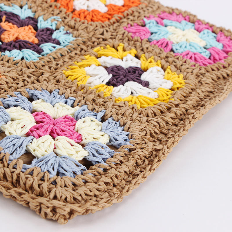 Vintage Brown Floral Crochet Square Crossbody Bag with Adjustable Leather Shoulder Strap for Beach Casual Daily Matching