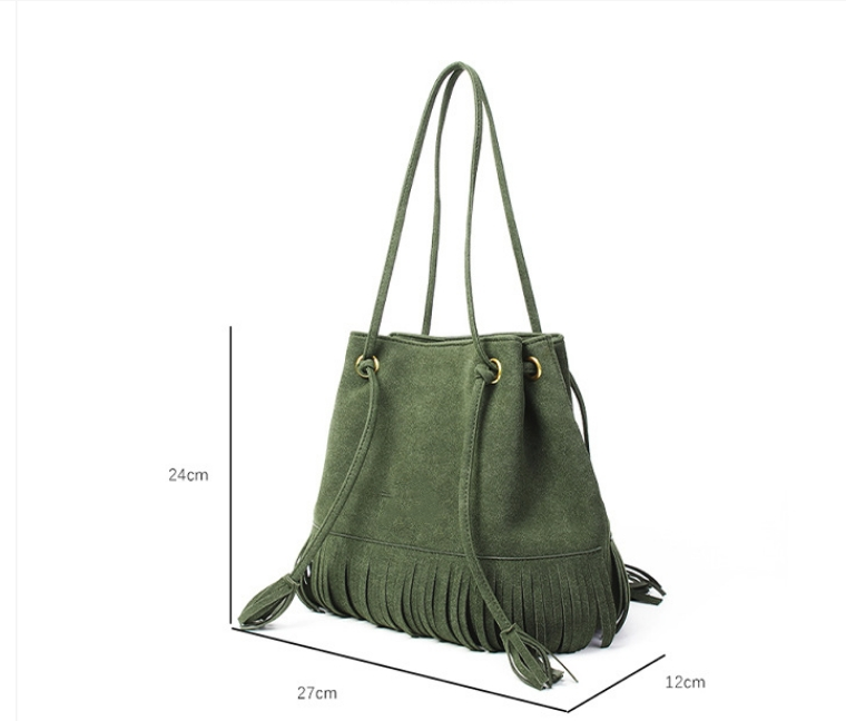 Drawstring Bucket Bag with Fringe Trim & Metal Eyelet Fittings for Bohemian Daily Outfits