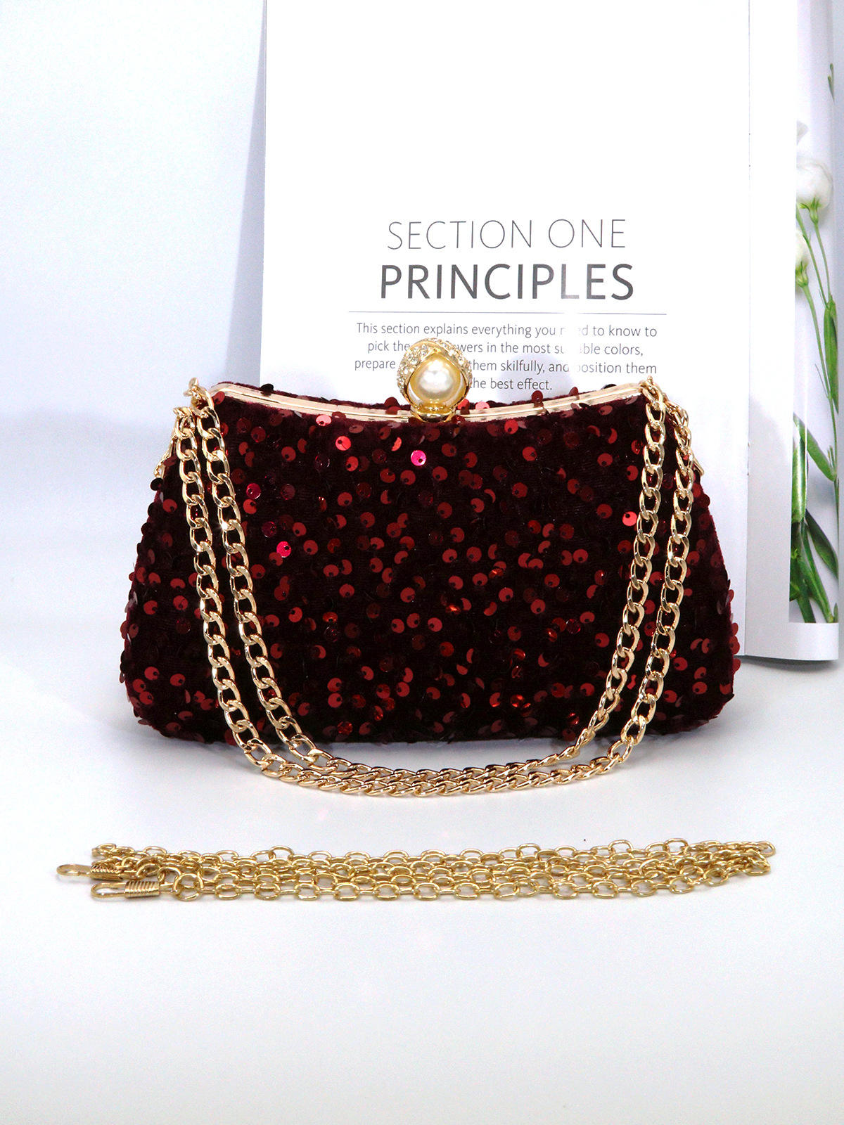 Sequined Dumpling-Shaped Clutch Bag with Pearl Snap & Dual Detachable Gold Chains for Evening Daily Matching