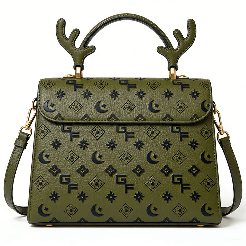 Embossed Print Square Flap Bag with Deer Antler Decor Handle & Adjustable Leather Crossbody Strap
