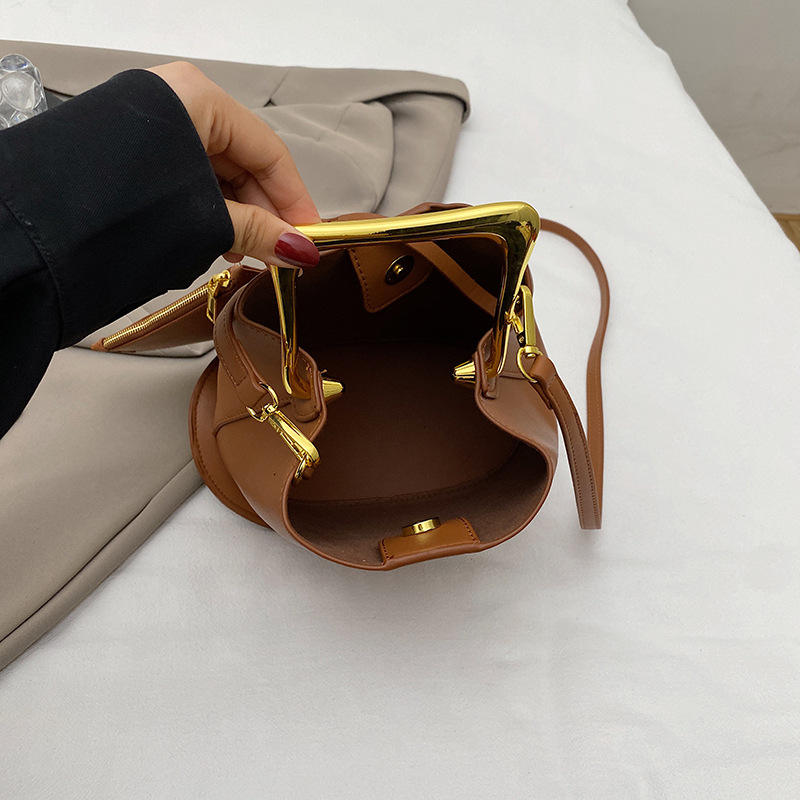 Bucket Hand Bag with Glossy Metal Top Handle & Adjustable Leather Crossbody Strap for All-Season Daily Matching