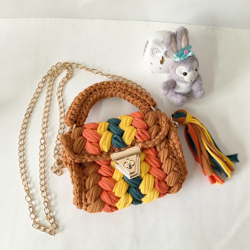 Color Block Knit Mini Square Hand Bag with Woven Top Handle, Detachable Gold Chain & Tassel Ornament for Daily Casual Matching