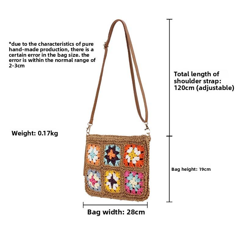 Vintage Brown Floral Crochet Square Crossbody Bag with Adjustable Leather Shoulder Strap for Beach Casual Daily Matching