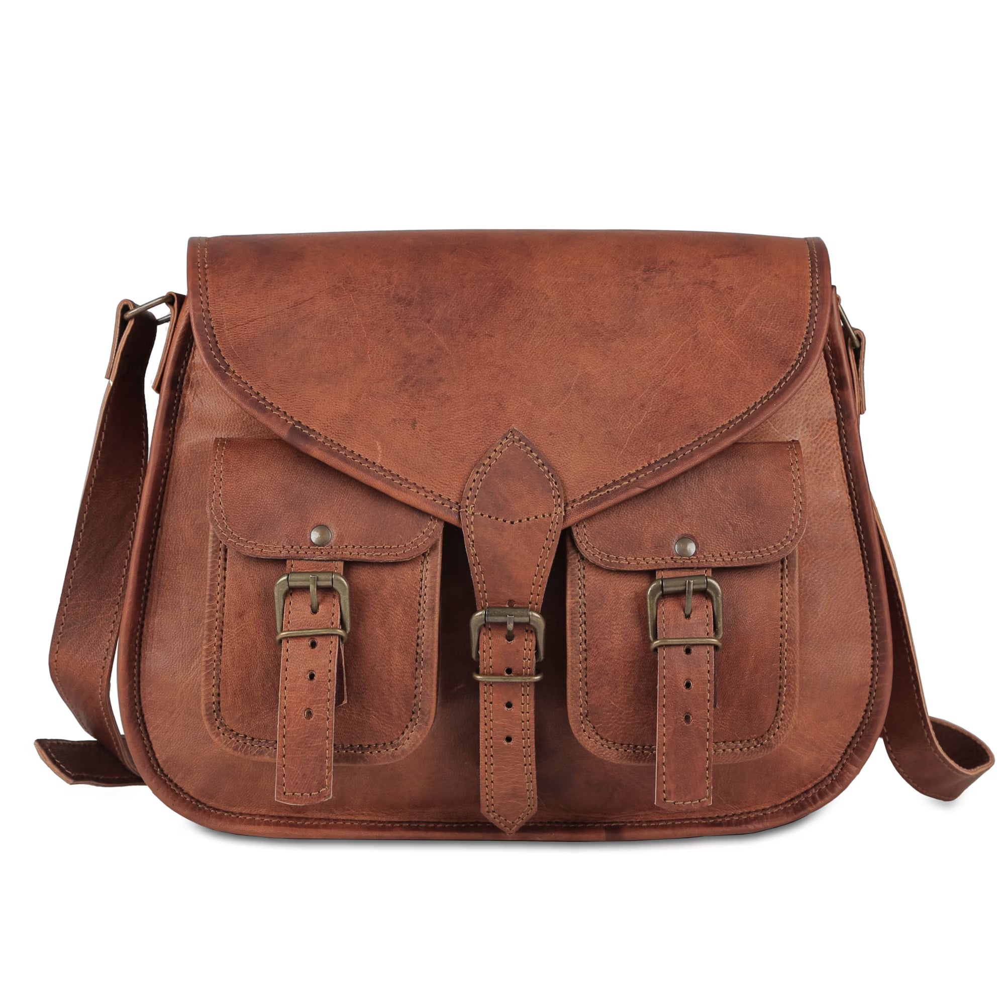 Tan Brown Leather Satchel Bag with Adjustable Strap & Buckle Details for Everyday Wear