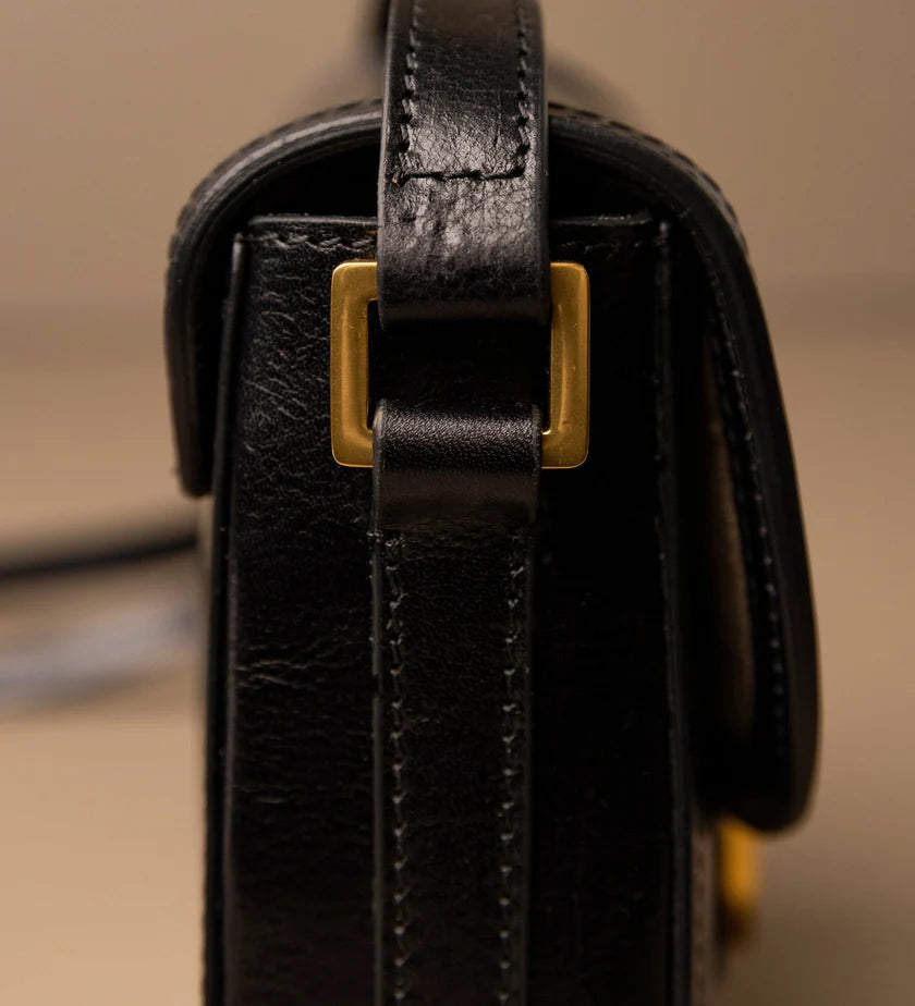 Black Smooth Saddle Crossbody Bag with Golden Magnetic Buckle