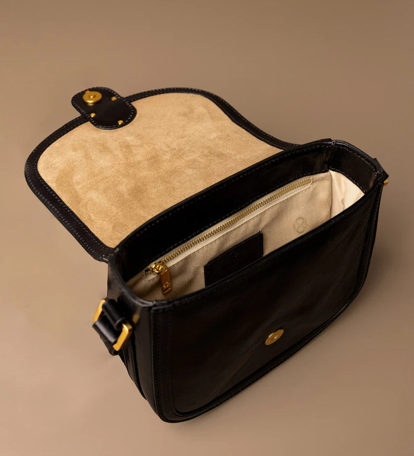 Black Smooth Saddle Crossbody Bag with Golden Magnetic Buckle