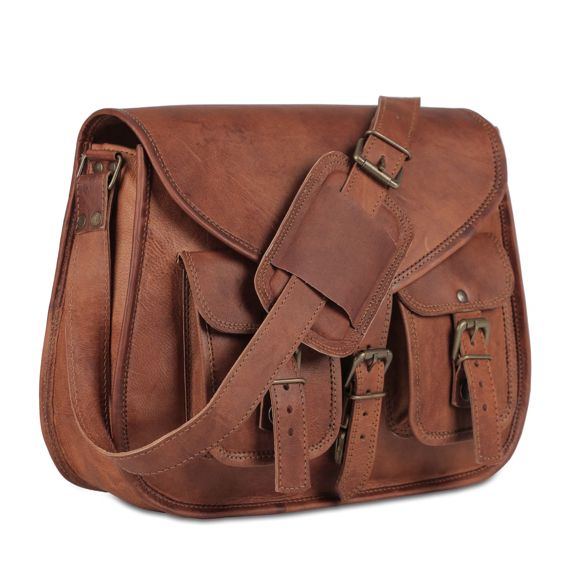 Tan Brown Leather Satchel Bag with Adjustable Strap & Buckle Details for Everyday Wear