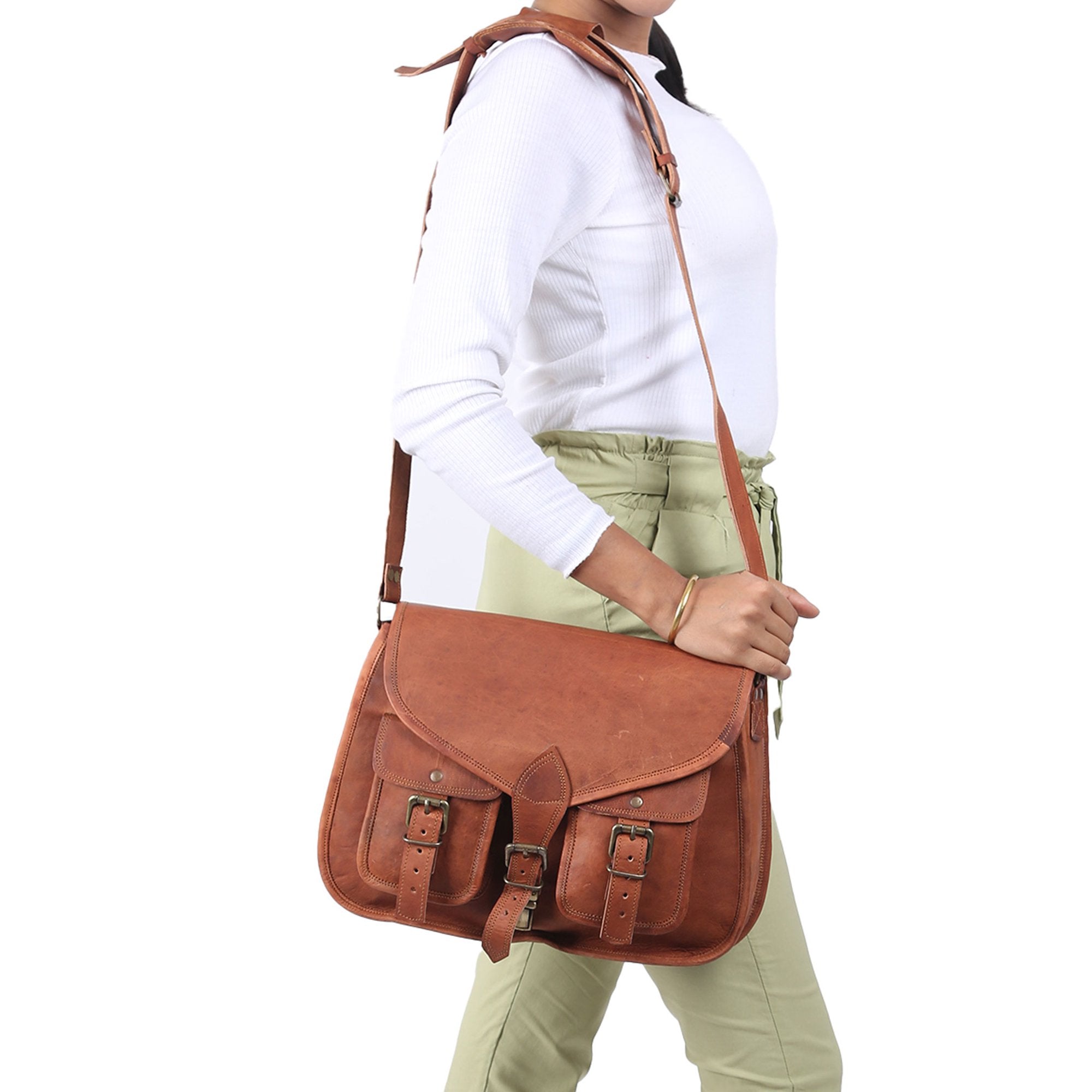 Tan Brown Leather Satchel Bag with Adjustable Strap & Buckle Details for Everyday Wear