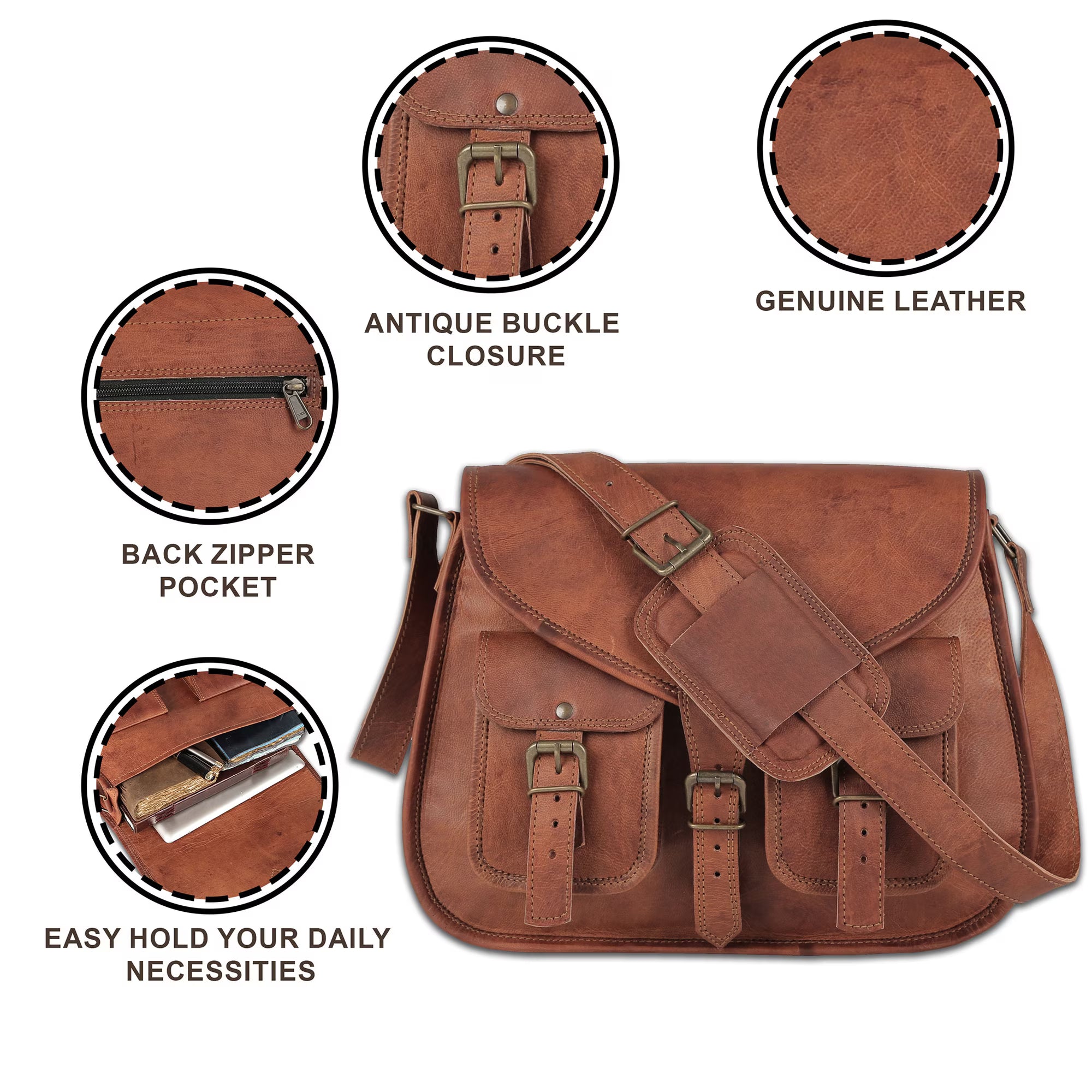 Tan Brown Leather Satchel Bag with Adjustable Strap & Buckle Details for Everyday Wear